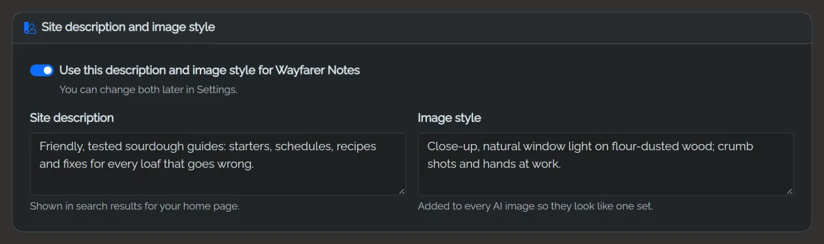 Site description and image style: a switch to use them for the site, the description shown in search results and the image style added to every AI image
