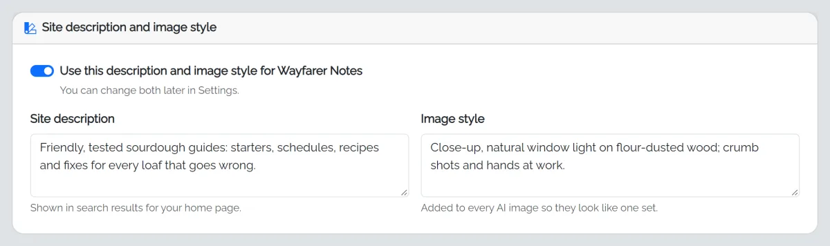 Site description and image style: a switch to use them for the site, the description shown in search results and the image style added to every AI image