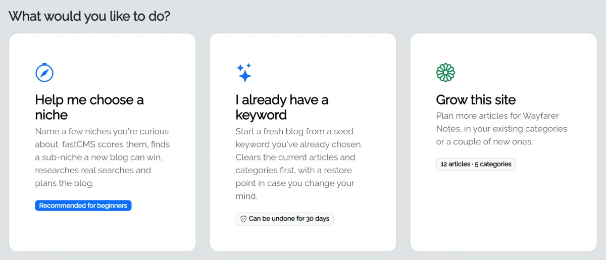 AI Autopilot: three choices, Help me choose a niche (recommended for beginners), I already have a keyword, and Grow this site