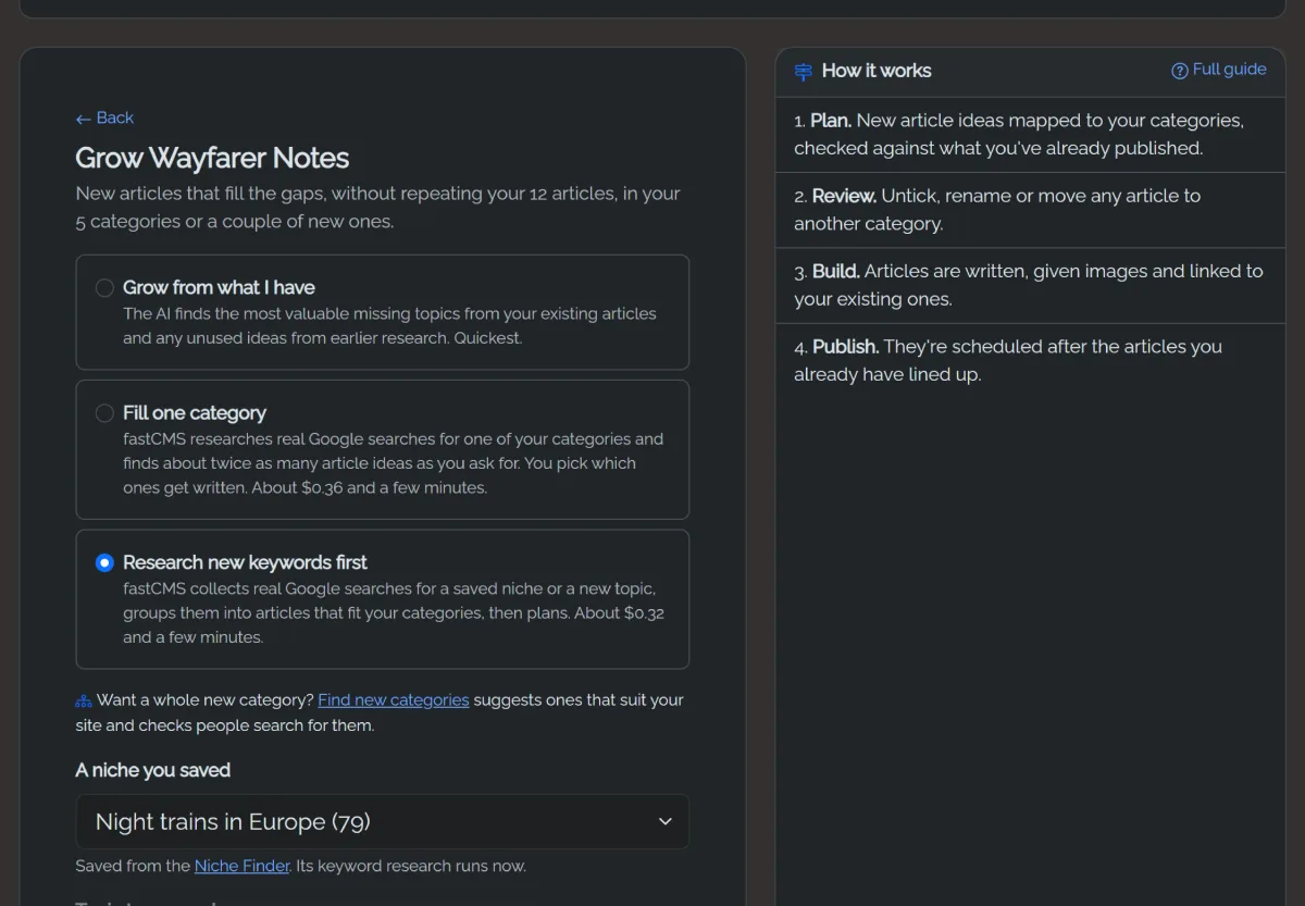 Grow Wayfarer Notes: Grow from what I have, or Research new keywords first with a niche saved from the Niche Finder (Night trains in Europe) chosen
