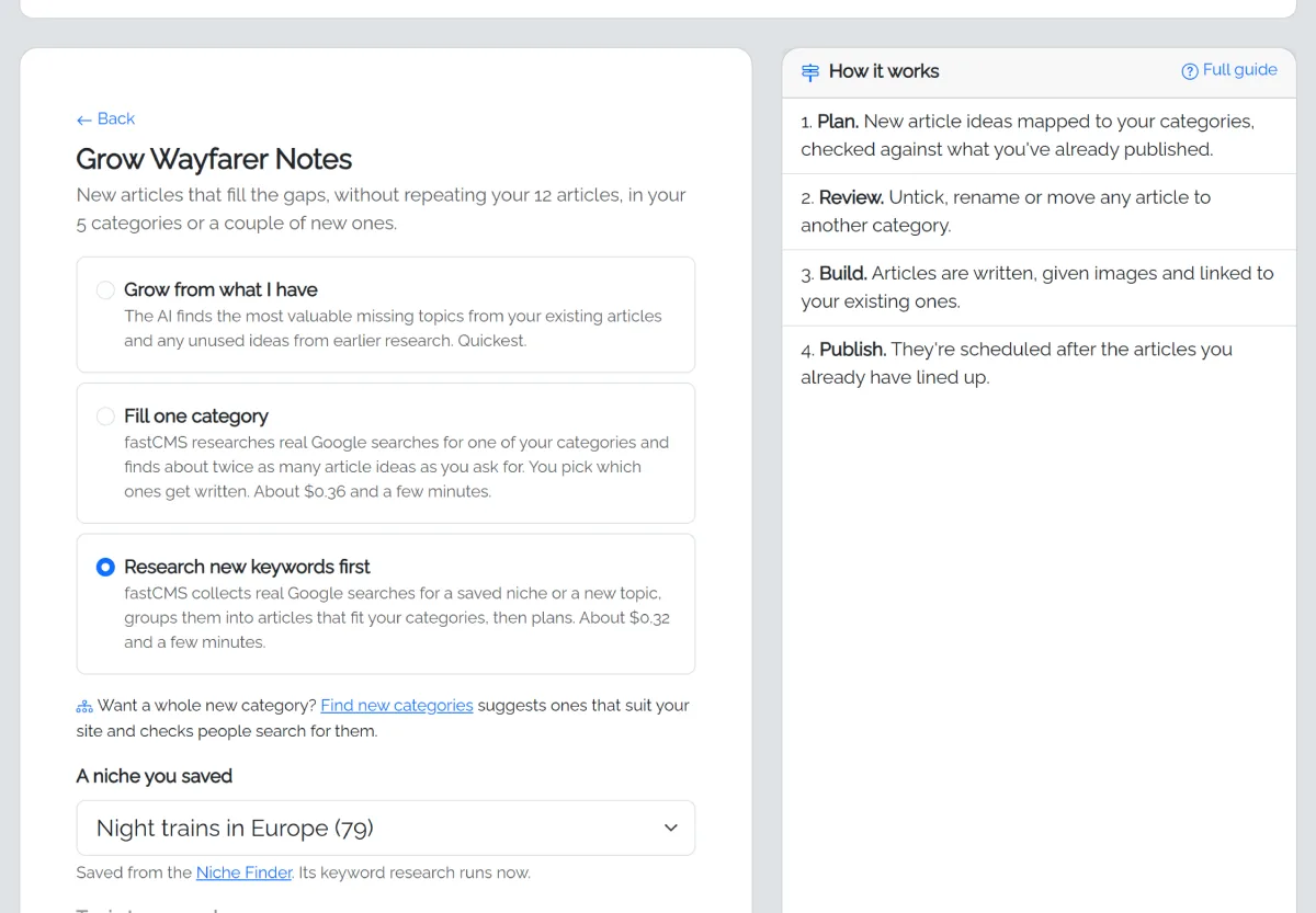 Grow Wayfarer Notes: Grow from what I have, or Research new keywords first with a niche saved from the Niche Finder (Night trains in Europe) chosen