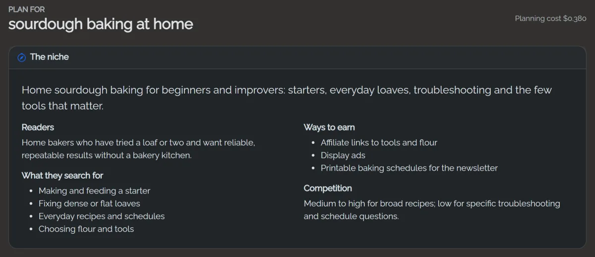 The plan page for sourdough baking at home: niche summary, readers, ways to earn, what they search for and competition