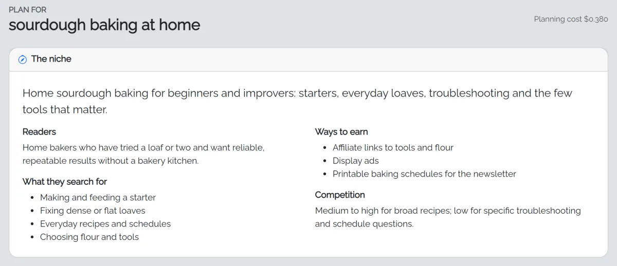 The plan page for sourdough baking at home: niche summary, readers, ways to earn, what they search for and competition