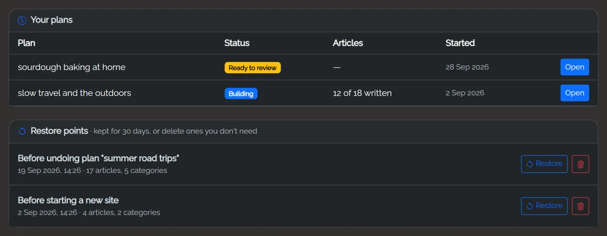 Your plans and Restore points: two plans with their status, and two restore points each with Restore and Delete buttons