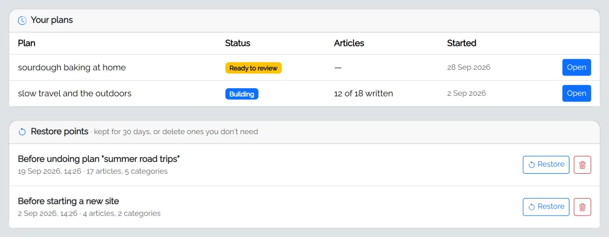 Your plans and Restore points: two plans with their status, and two restore points each with Restore and Delete buttons