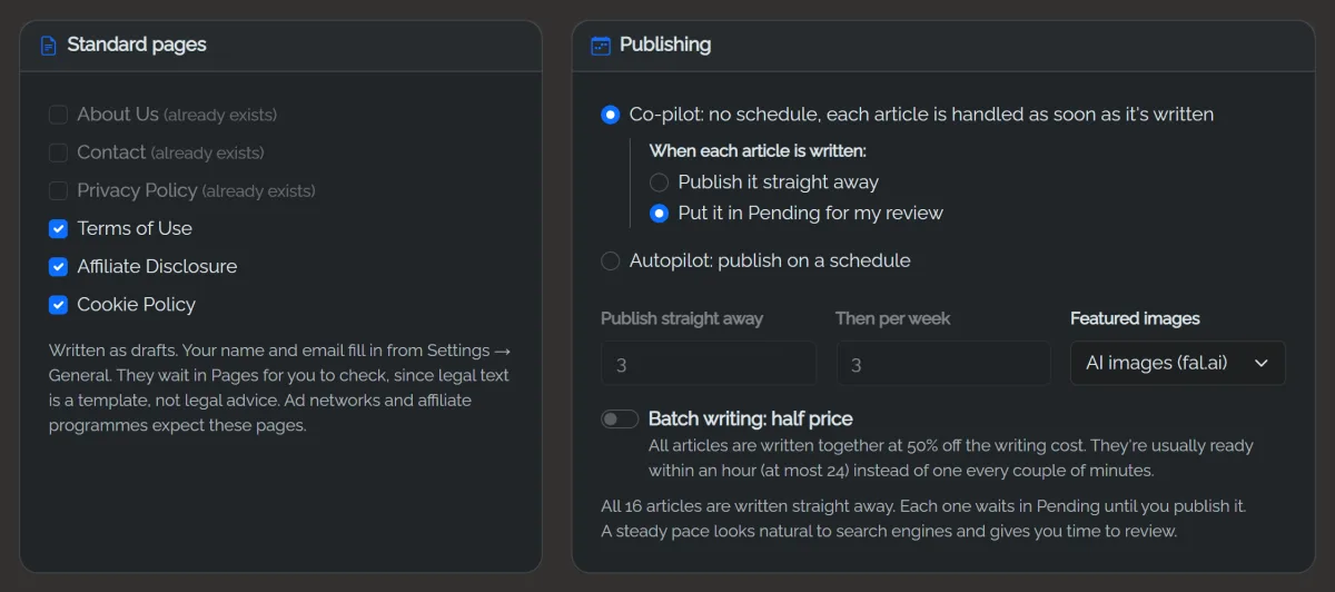 Standard pages and Publishing: page checkboxes, Co-pilot or Autopilot, articles per week, featured images and batch writing