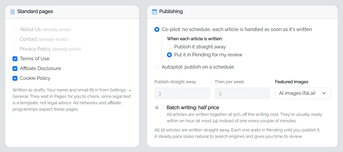 Standard pages and Publishing: page checkboxes, Co-pilot or Autopilot, articles per week, featured images and batch writing