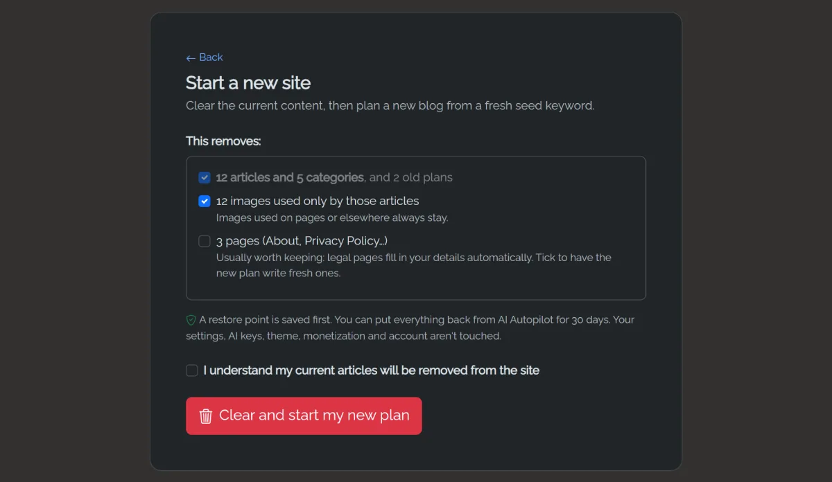 Start a new site: what will be removed, with checkboxes for images and pages, and a restore point note