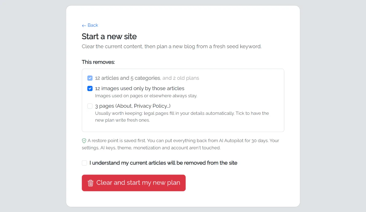 Start a new site: what will be removed, with checkboxes for images and pages, and a restore point note