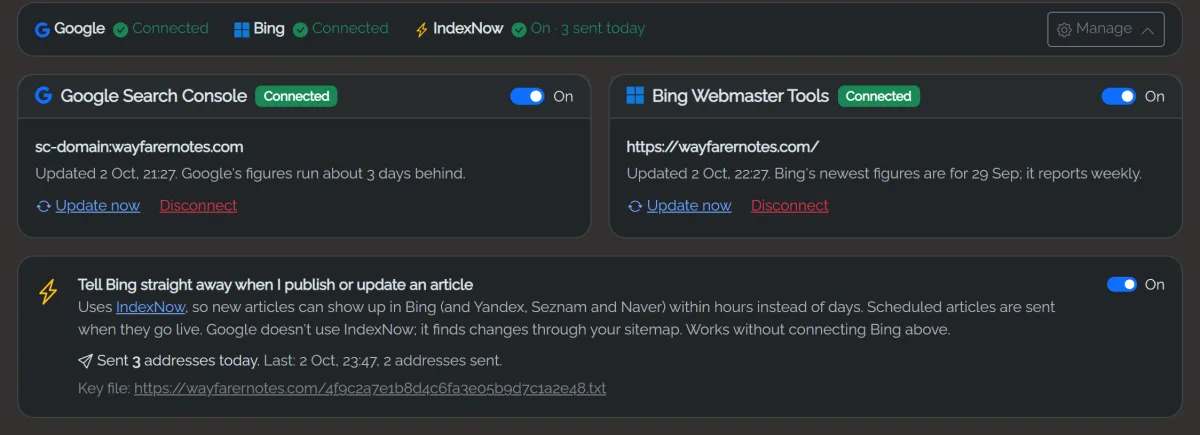 The one-line summary (Google, Bing and IndexNow all on) with Manage opened: Google Search Console and Bing Webmaster Tools cards, each with an On switch, Update now and Disconnect, above the IndexNow switch showing addresses sent today