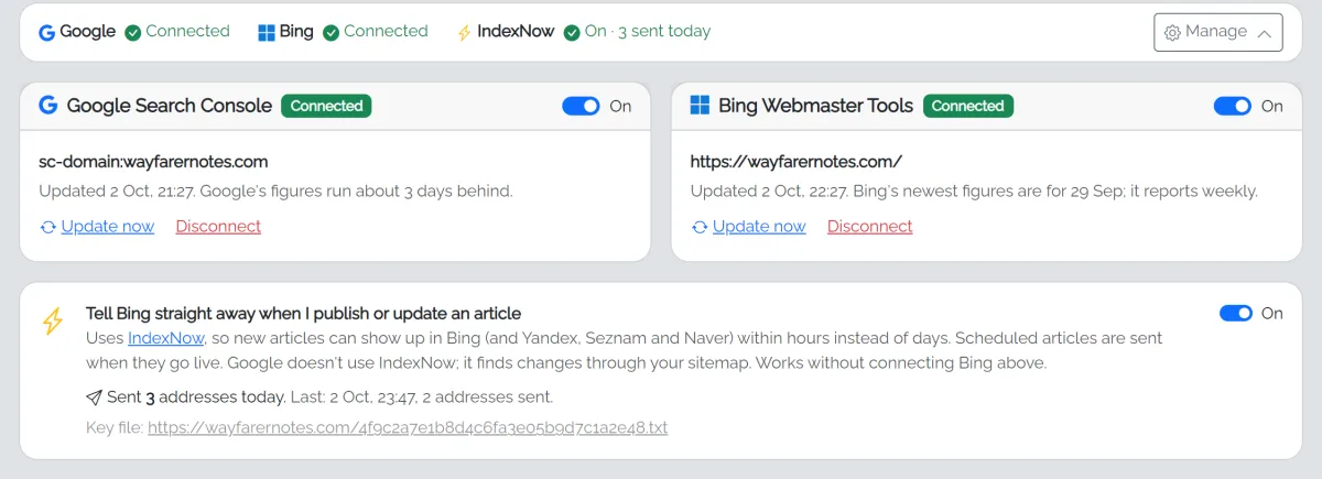 The one-line summary (Google, Bing and IndexNow all on) with Manage opened: Google Search Console and Bing Webmaster Tools cards, each with an On switch, Update now and Disconnect, above the IndexNow switch showing addresses sent today