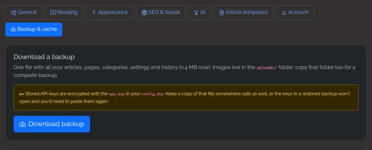 Settings, Backup & cache tab: Download backup, with a note to keep a copy of config.php