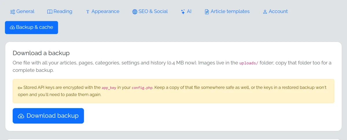 Settings, Backup & cache tab: Download backup, with a note to keep a copy of config.php