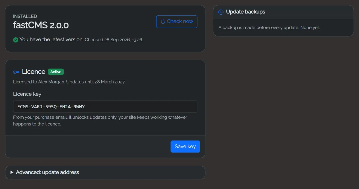 The Updates page: installed version, the latest check, the licence key with its update period, and update backups