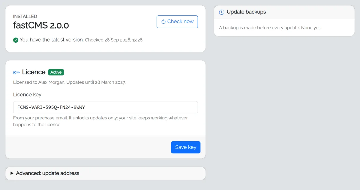 The Updates page: installed version, the latest check, the licence key with its update period, and update backups