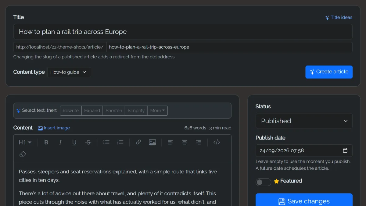 The article editor: title with Title ideas, content type, Create article, the AI toolbar for selected text, and status and publish date