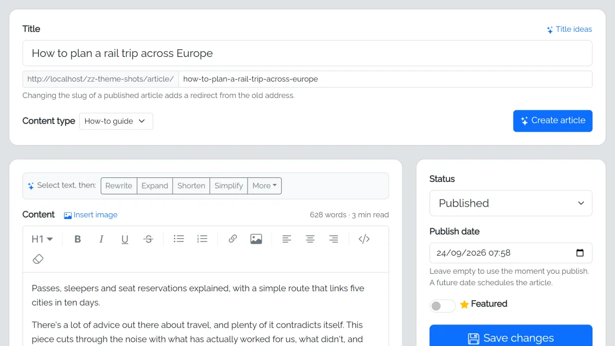 The article editor: title with Title ideas, content type, Create article, the AI toolbar for selected text, and status and publish date