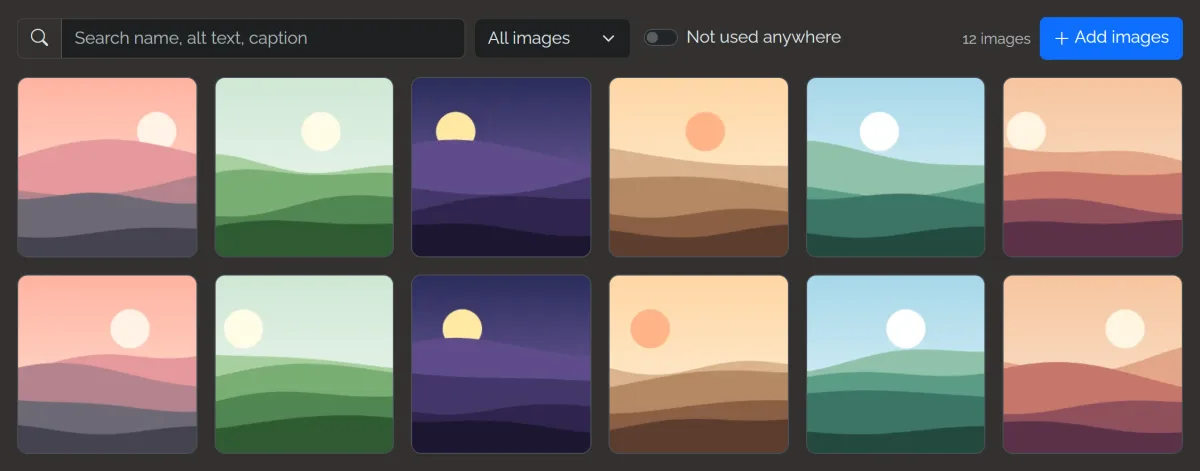 The media library: search, filters, Not used anywhere and Add images, above a grid of images