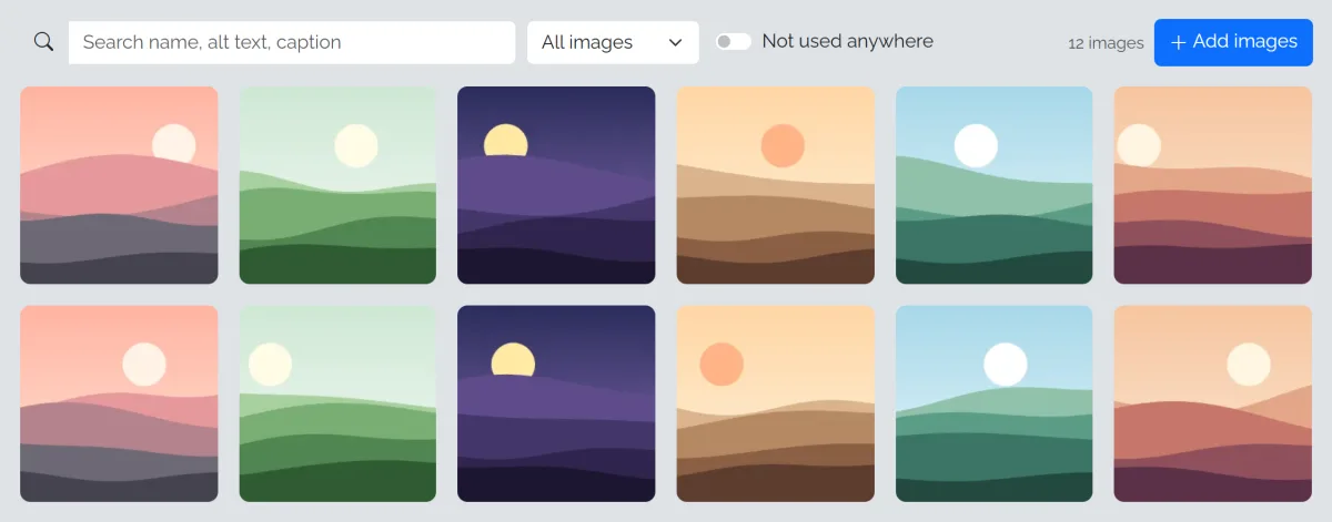 The media library: search, filters, Not used anywhere and Add images, above a grid of images