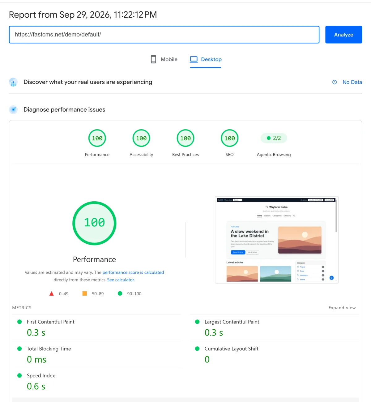 Google PageSpeed Insights desktop report for the fastCMS demo: 100 for Performance, Accessibility, Best Practices and SEO