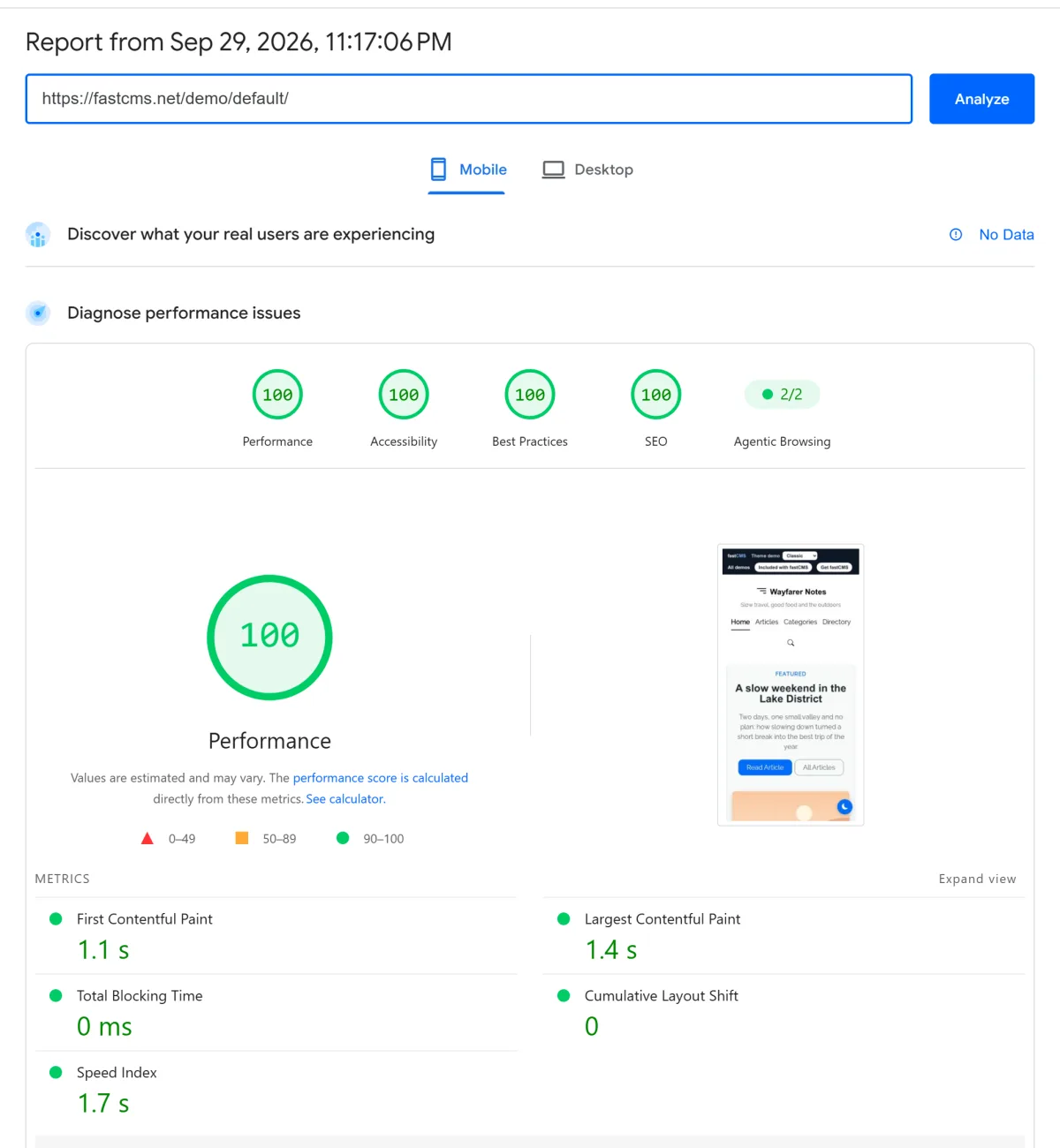 Google PageSpeed Insights mobile report for the fastCMS demo: 100 for Performance, Accessibility, Best Practices and SEO