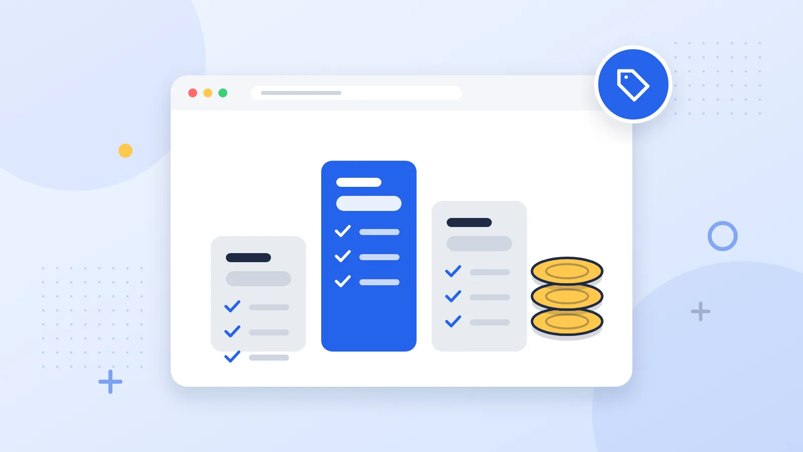 Illustration of three price plan cards beside a stack of coins