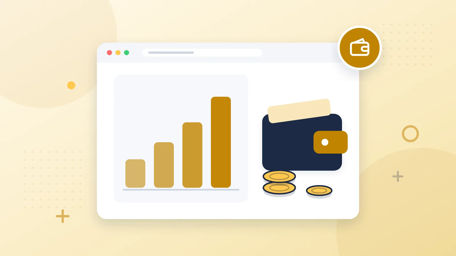 Illustration of a growing bar chart beside a wallet and coins
