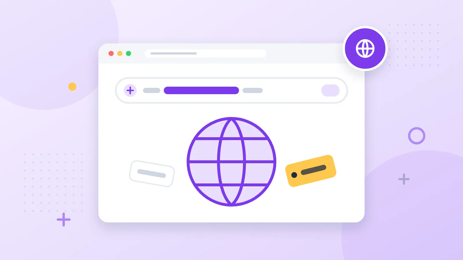 Illustration of a browser address bar above a globe and name tags