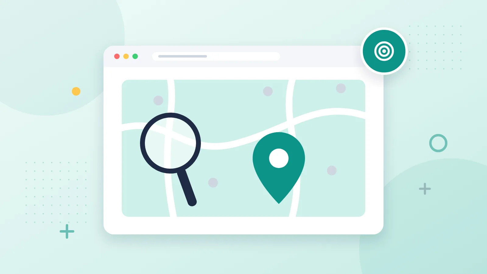 Illustration of a map with a location pin and a magnifying glass