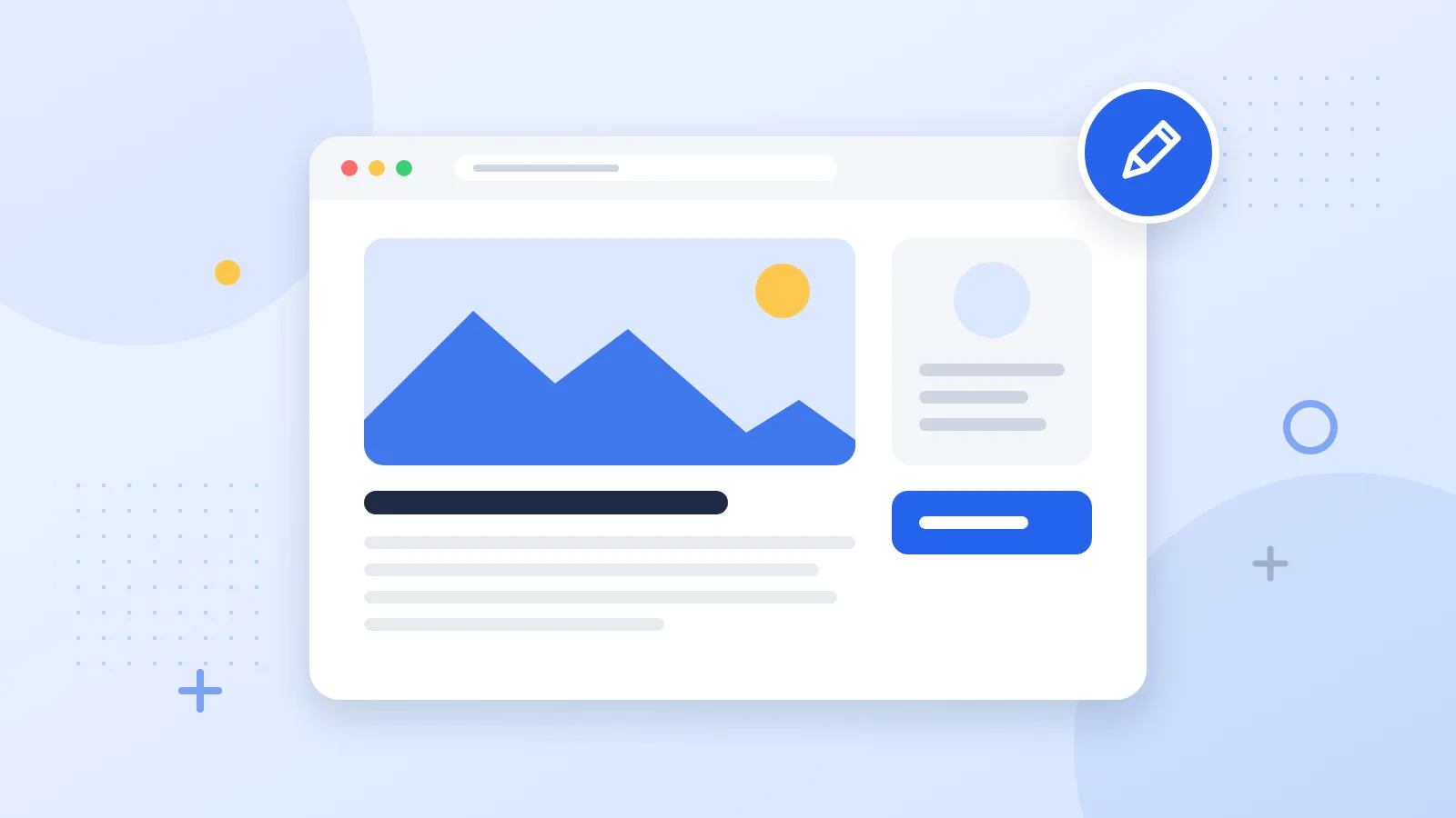 Illustration of a blog post page in a browser window, with a pencil badge