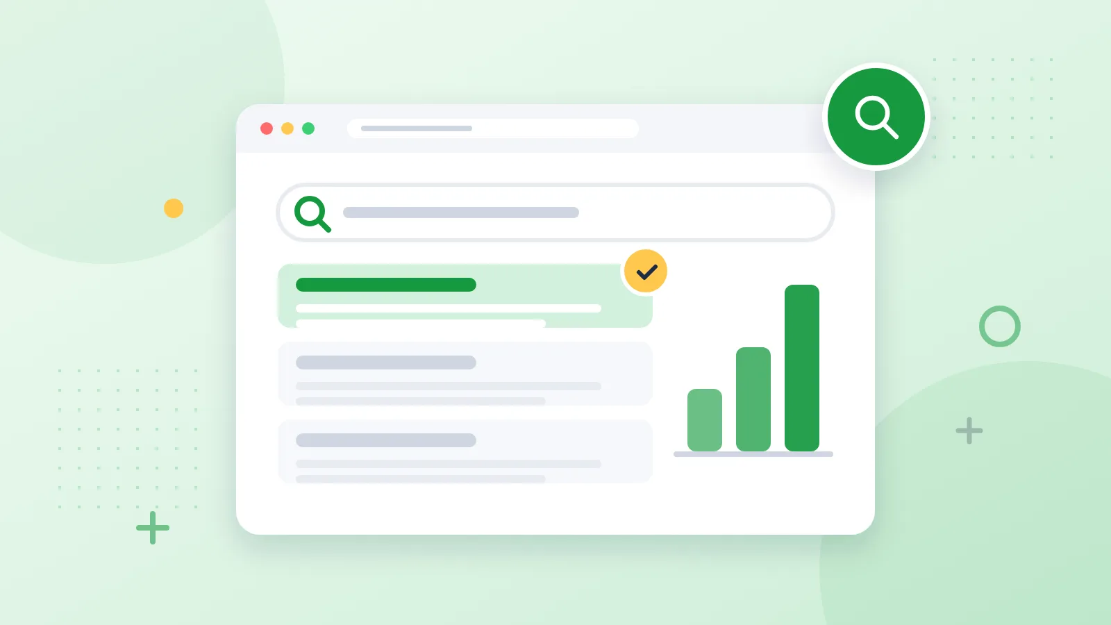 Illustration of search results with the top result marked and rising bars